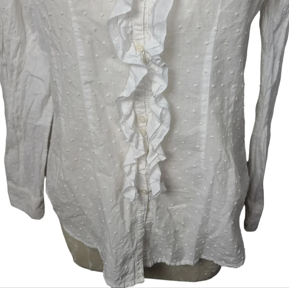 BCBGMAXAZRIA White Swiss Dot Ruffle Long Sleeve Button Down Blouse L - Picture 3 of 8